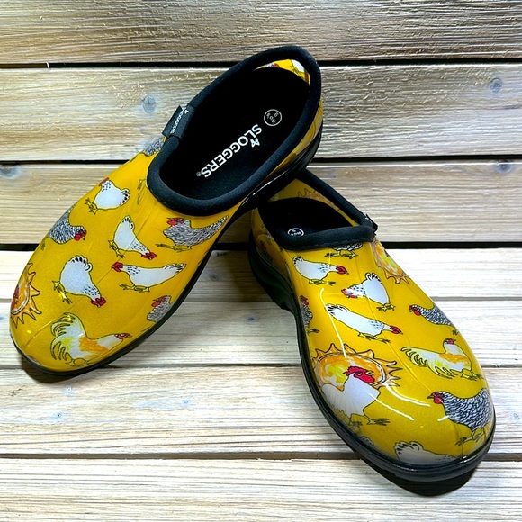 Sloggers Yellow Chicken Print Waterproof Slip On Clogs Garden Shoe Women’s Sz 9 - Picture 1 of 8